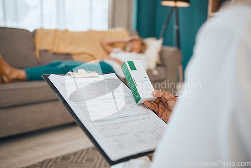 Image of Medication, mental health and healthcare insurance paperwork in a psychology clinic session. Medical document, pill box and therapist doctor with prescription medicine for a patient in her office.