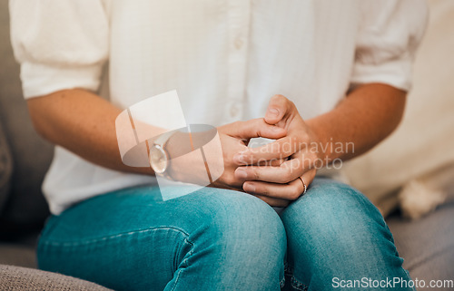 Image of Hands, anxiety and mental health with woman in therapy, psychology and counseling with healthcare and insurance. Talk about trauma, stress or frustrated, grief and loss with depression and support