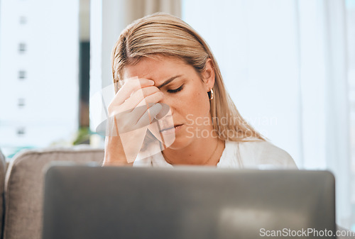 Image of Headache, office laptop and business woman with work stress and technology burnout. Anxiety, mental health problem and employee working on a computer glitch and 404 tech issue feeling frustration