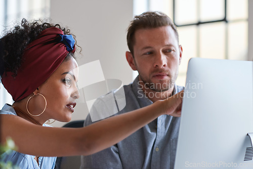 Image of Training, planning and business people with an idea for web design, coding and project on computer. Creative, conversation and woman coaching a man on a programming system for development on a pc