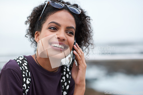 Image of Phone call, beach and black woman with communication, news or 5g networking for opportunity and online talking. Happy gen z or USA person on smartphone conversation by ocean or sea for a holiday chat