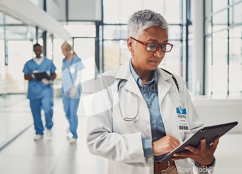 Image of Doctor with tablet in lobby hospital, reading patient chart, email or insurance information in India. Internet, medicine and technology, medical worker checking online clinic info, schedule or report