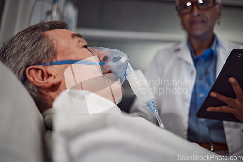 Image of Oxygen mask, healthcare and senior man in the hospital after a surgery, treatment or medical procedure. Recovery, bed and elderly male patient in a consultation with a surgeon or doctor at a clinic.