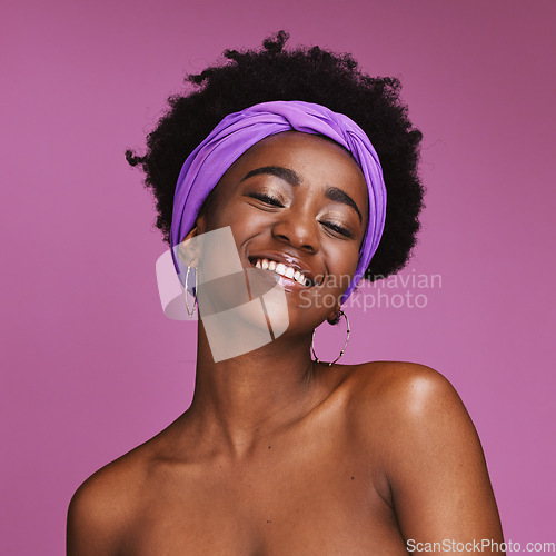 Image of Portrait, beauty and skincare with a model black woman on a pink background in studio for natural care. Face, hair and headband with an attractive young female posing to promote cosmetic treatment