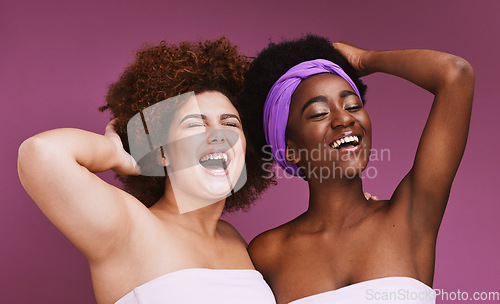 Image of Black woman, studio and beauty for friends, afro and happiness for natural aesthetic by purple background. Happy gen z model, women and solidarity with wellness, cosmetics and comic laughing together