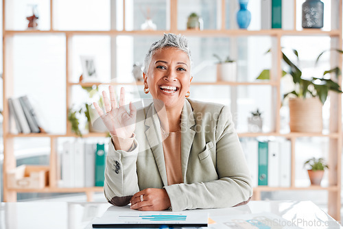 Image of Senior woman portrait, wave and virtual business meeting call with a corporate ceo ready for working. Office, market research data and mature management employee waving for a greeting and welcome