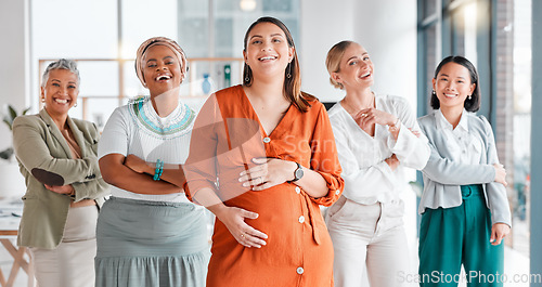 Image of Arms crossed, leadership and portrait of a pregnant woman with a team for diversity in the workplace. Collaboration, happy and women with pride and trust for teamwork and a manager during pregnancy