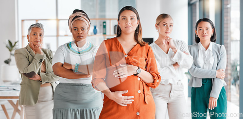 Image of Portrait, pregnant and women in office, business and team with confidence, support and sisterhood. Face, female employees and coworkers in workplace, pregnant and diversity in company and startup