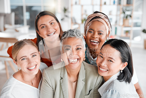 Image of Teamwork, portrait or business women with smile, solidarity or goals together in a corporate modern office. Staff diversity, collaboration or happy people in a global advertising or marketing company