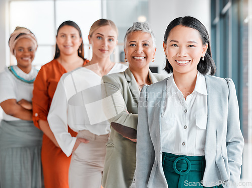 Image of Women in business, portrait and diversity with team, collaboration and corporate group with success and vision. Happy, working together and professional, motivation with trust, support and solidarity