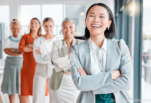 Image of Asian woman, office team portrait and success of leadership, company communicate and vision. Diversity, business women and startup agency of a creative marketing group with a proud smile in agency