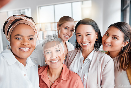 Image of Business selfie, market research team and portrait of women in office with collaboration support. Diversity, smile and creative marketing group with happiness from startup company success and work