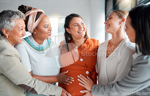Image of Pregnant, women touch stomach and support with smile, love and solidarity with care, wellness and bonding. Pregnancy, females and ladies feeling tummy, belly growth and community with diversity