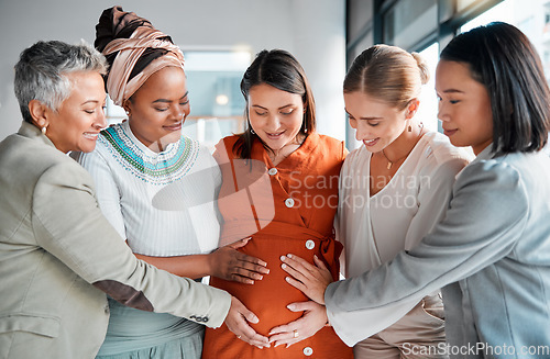 Image of Business friends, office and touch for pregnancy, stomach and excited with support, solidarity and care. Group, women and pregnant woman with love, team building and happiness at financial workplace