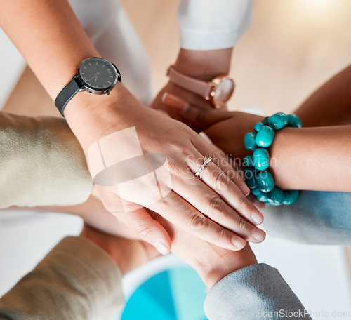 Image of Business people, hands together zoom and diversity of women in office feeling support and success. Happiness, collaboration and teamwork of workers with work cooperation, trust and motivation