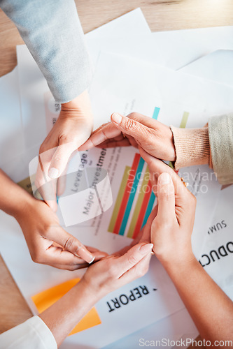 Image of Office, hands on documents in circle and teamwork, trust and support in company growth and development. Goals, target and collaboration in sales, business people working together at project workshop.