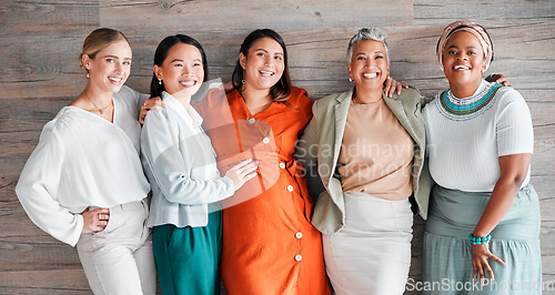 Image of Friendship, happy and portrait of a pregnant woman with females by a wood wall at her baby shower. Happiness, diversity and group of ladies supporting, loving and bonding with pregnancy together.