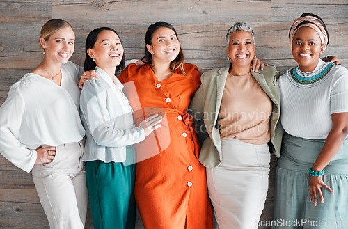 Image of Happy, friends and portrait of a pregnant female with women by a wood wall at her baby shower. Friendship, diversity and group of ladies supporting, loving and bonding with pregnancy together.