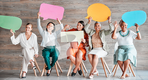 Image of Chat, review and portrait of women with speech bubble for contact information on mockup. News, blank and people in business with a board for feedback, survery and social media conversation with space