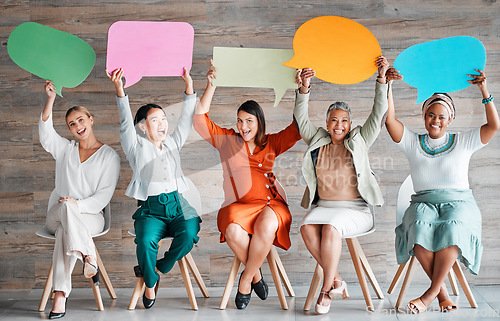 Image of Chat, excited and portrait of women with speech bubble for contact information on social media. News, blank and people in business with a mockup board for review, feedback and conversation with space