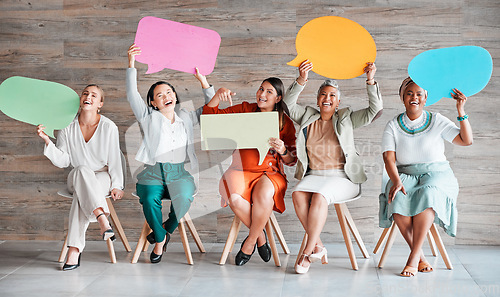 Image of Chat, feedback and portrait of women with speech bubble for contact information on mockup. News, blank and people in business with a board for a survey, social media and conversation with company