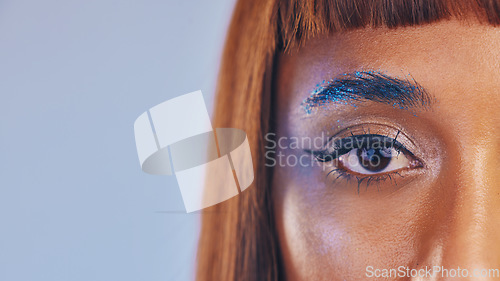 Image of Festival makeup, glitter eyeshadow and eye portrait of a black woman with cosmetics and mockup. Creative cosmetic, eyebrow sparkle and microblading of a model with eyeliner and studio mock up