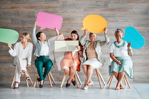 Image of Chat, social media and portrait of women with speech bubble for contact information on mockup. News, blank and people in business with a board for branding, hiring and conversation with company