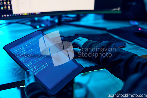 Image of Tablet, html screen and programmer hands with coding software system for cyber security or hacking. Information technology, programming or coding hacker person with data, server and neon dark office