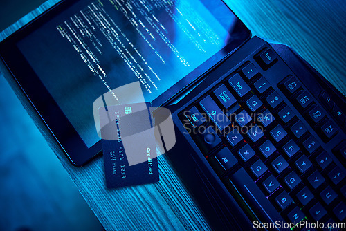 Image of Information technology, hacking and credit card for cyber security crime, phishing and software on digital tablet. Html script, screen and fintech of data fraud, password and coding on dark neon desk