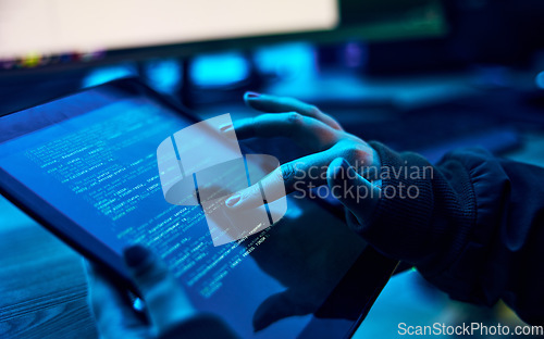 Image of Tablet, programmer hands and html screen for coding software system. cyber security ro database hacking. Information technology, programming or coding hacker person on script app in neon night office