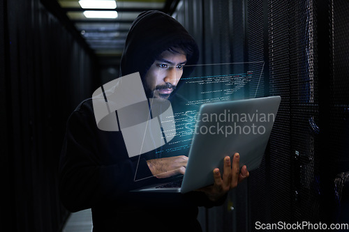 Image of Cyber security, crime and hacker coding in server room with laptop at data center and stealing sensitive digital information. Technology, software and man hacking in database to update ransomware.