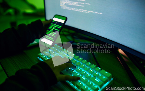 Image of Phone, neon and hands typing on a keyboard while doing website design or coding on a computer at night. Technology, cellphone and male coder working late on webdesign project in office in the evening