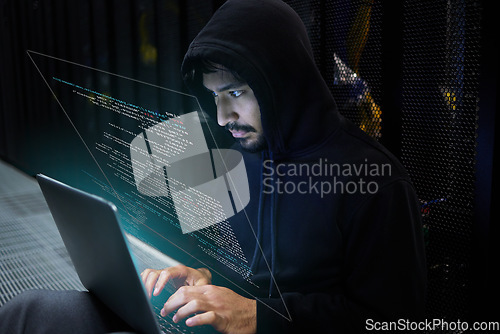 Image of Cyber security, coding and hacker in server room with hologram, laptop in data center and stealing sensitive digital information. Technology, software and man hacking in database to update ransomware