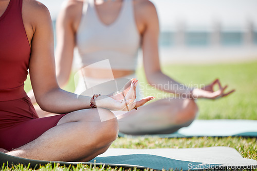 Image of Yoga, lotus hands and couple of friends or women for zen fitness, exercise and mindfulness, healing and peace in park. Meditation, nature and calm people or health personal trainer for body wellness