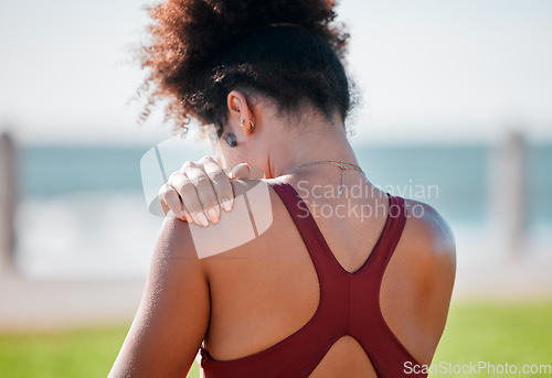 Image of Stretching, meditation and back woman in nature for yoga, fitness and mindfulness in Australia. Calm, zen and girl with a warm up to start spiritual training and balance for the mind in a park