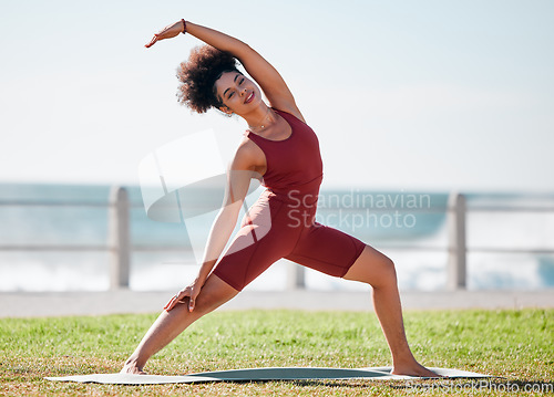 Image of Fitness, stretching and black woman for yoga on grass for healthy lifestyle, body wellness and cardio workout. Sports, pilates and girl doing meditation, training and exercise for zen, peace and calm