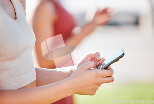 Image of woman hands, phone and outdoor with 5g network connection for communication or fitness app. Person outdoor with smartphone for social media, contact and typing for online search or chat at park