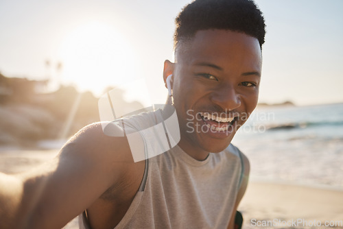 Image of Selfie, beach and fitness with a sports black man outdoor during summer for a cardio or endurance workout. Portrait, nature and exercise with a male runner or athlete training outside for health