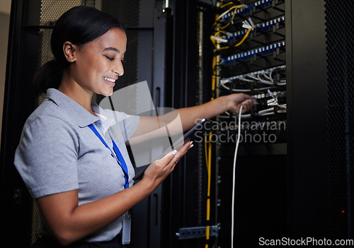 Image of Server room, tablet and engineer woman with connection cable for maintenance or software update at night. Cybersecurity, it programmer or female with technology for database networking in data center