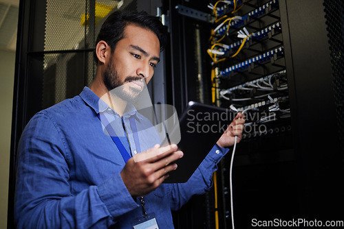 Image of Server room, tablet and engineer with connection cable for maintenance or software update at night. Cybersecurity, it programmer and coder man with technology for database networking in data center.