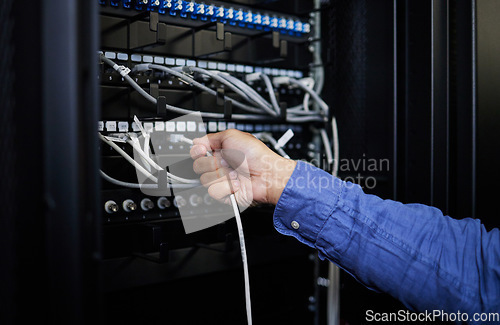 Image of Engineer hands, server room and cable connection for software update or maintenance at night. Cybersecurity wires, cloud computing and male programmer or man check database network in data center.