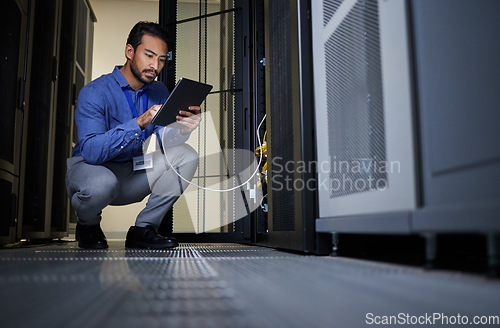 Image of Engineer, server room and man with tablet for database connection cable, maintenance or software update at night. Cybersecurity wire, it and male coder with technology for networking in data center.