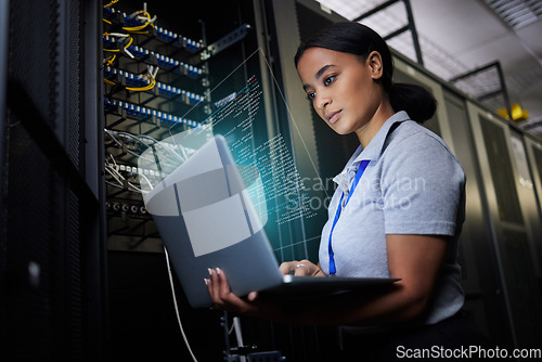 Image of Laptop, network and data center with a black woman it support engineer working in a dark server room. Computer, cybersecurity and analytics with a female programmer problem solving or troubleshooting