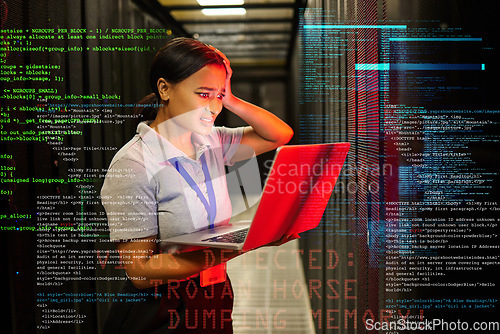 Image of Headache, hacker stress and black woman with code overlay feeling anxiety from laptop glitch. Cybersecurity, computer 404 problem and it coding analytics graphic with employee burnout at night