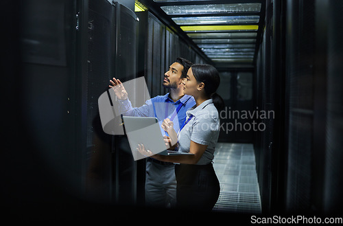 Image of Server room, network laptop and people software management, system upgrade and cyber security. Teamwork technician, engineering or programmer staff on computer, information technology or programming