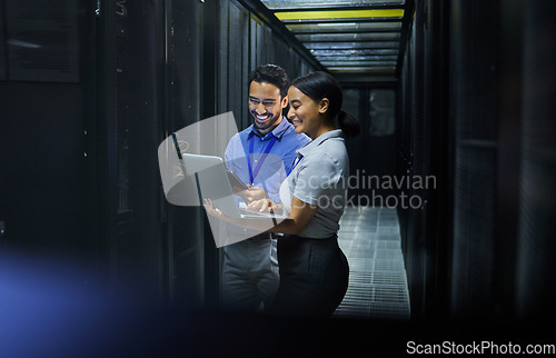 Image of Server room, laptop and technician people for software management, system upgrade or cyber security. Teamwork, data center and engineer or programmer employees, information technology and programming