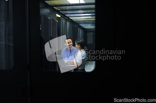 Image of Man, woman or laptop in server room, IT engineering or software programming for cybersecurity, analytics or database safety. Smile, happy or data center people on technology in teamwork collaboration