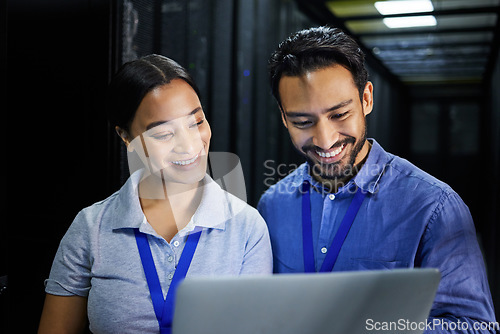 Image of People, happy or laptop in server room, IT engineering or software programming for cybersecurity, analytics or database safety. Smile, man or data center woman on technology in teamwork collaboration