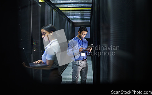 Image of Man, woman or technology in server room, IT engineering or software programming for cybersecurity, analytics or database safety. Data center, programmer or coding developer on cloud, laptop or tablet