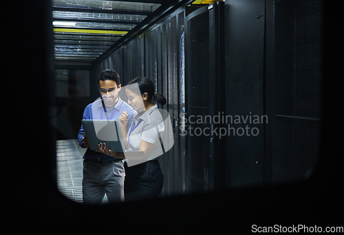 Image of Server room, technician people and laptop for software management, system upgrade or cyber security. Teamwork, data center and engineer or programmer employees, information technology and programming